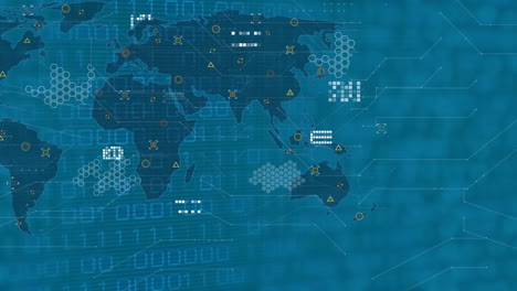 animación del procesamiento de datos sobre el mapa del mundo sobre fondo azul