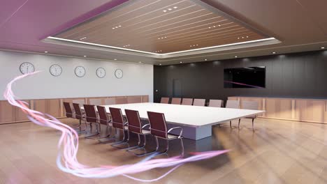 sophisticated boardroom with time-zone clocks and dynamic lighting