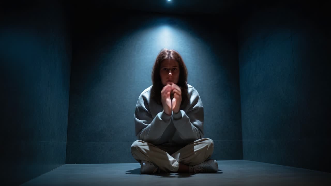 Een eenzame figuur zit in een schemerige kamer, wat een moment van introspectie en overpeinzing vastlegt, omringd door schaduwen en een tastbaar gevoel van isolatie.