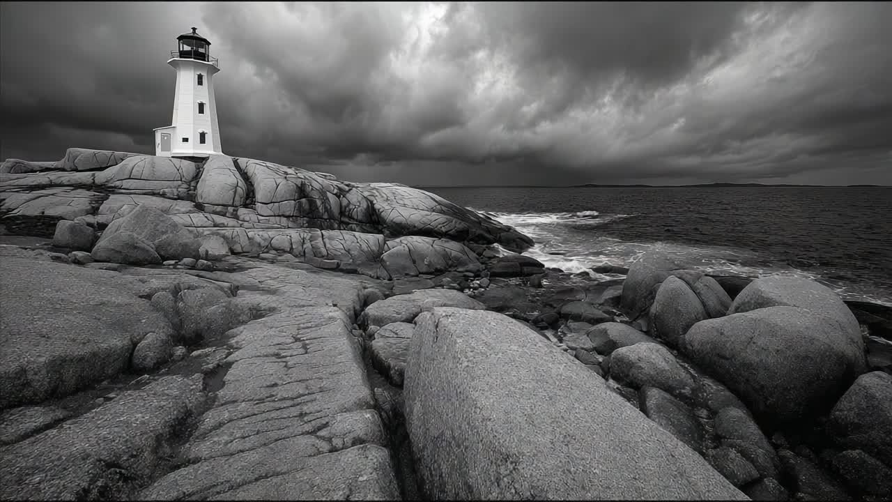 A Solemn Lighthouse Illuminates the Rocky Shoreline Under Dramatic Dark Clouds, Capturing the Essence of Nature's Beauty in Black and White