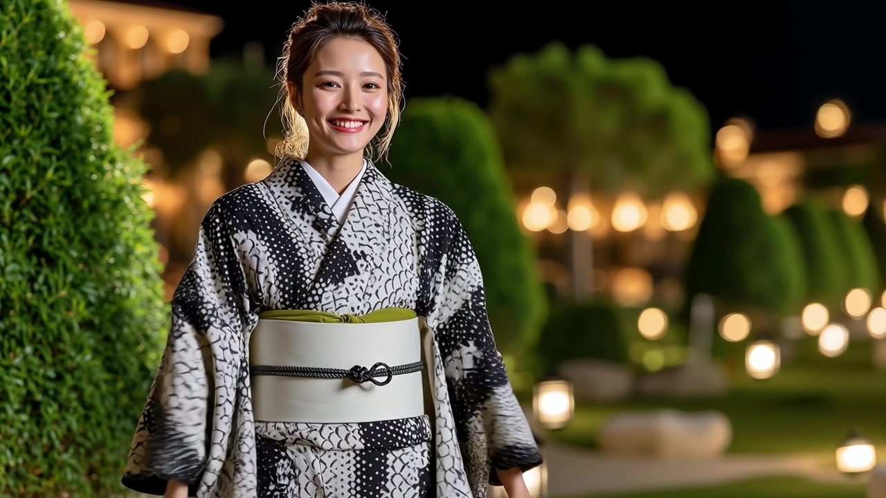Người phụ nữ trẻ đang mỉm cười mặc kimono truyền thống có hoa văn đứng trong một khu vườn đêm được chiếu sáng.