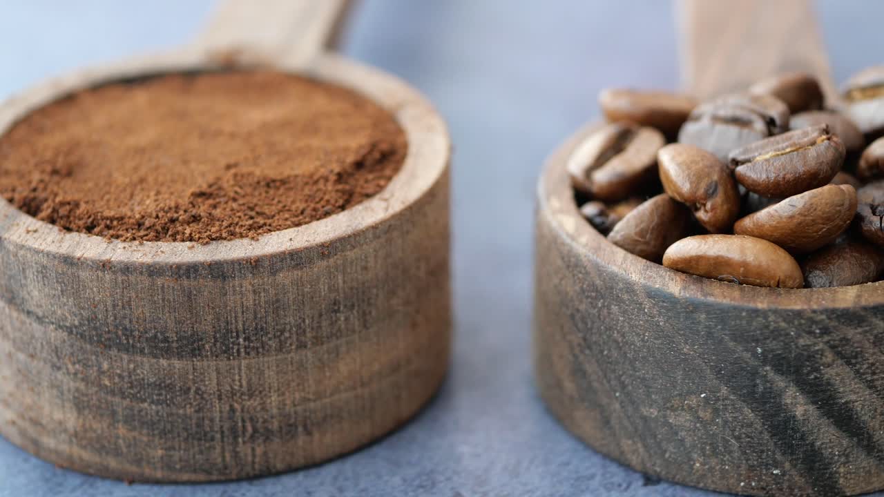 Coffee Beans and Grounds in Wooden Spoons