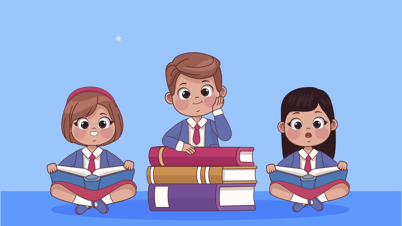 Three students kids reading books animation | Premium Stock Video Footage