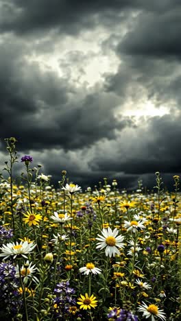 wildflowers under a stormy sky