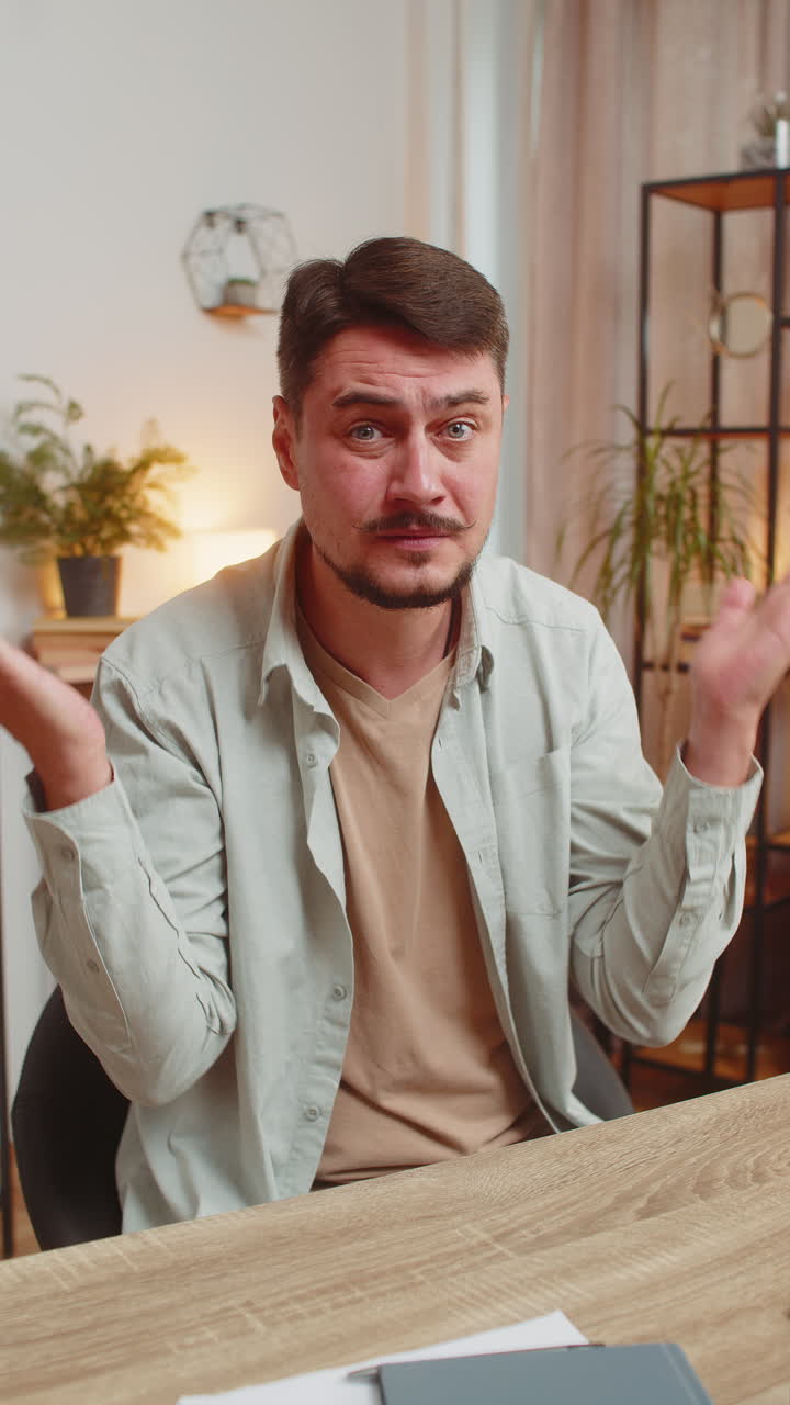 Angry young man raising hands in indignant expression asking reason of failure sitting at table