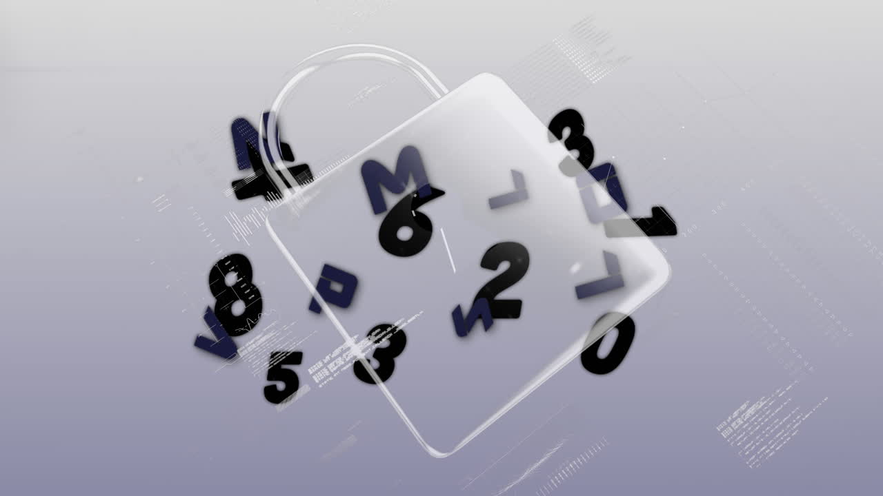 여러 번 바뀌는 숫자와 알파 ⁇ 의 디지털 애니메이션이 보안  ⁇ 락 아이콘에 대해 떠다니고 있습니다.