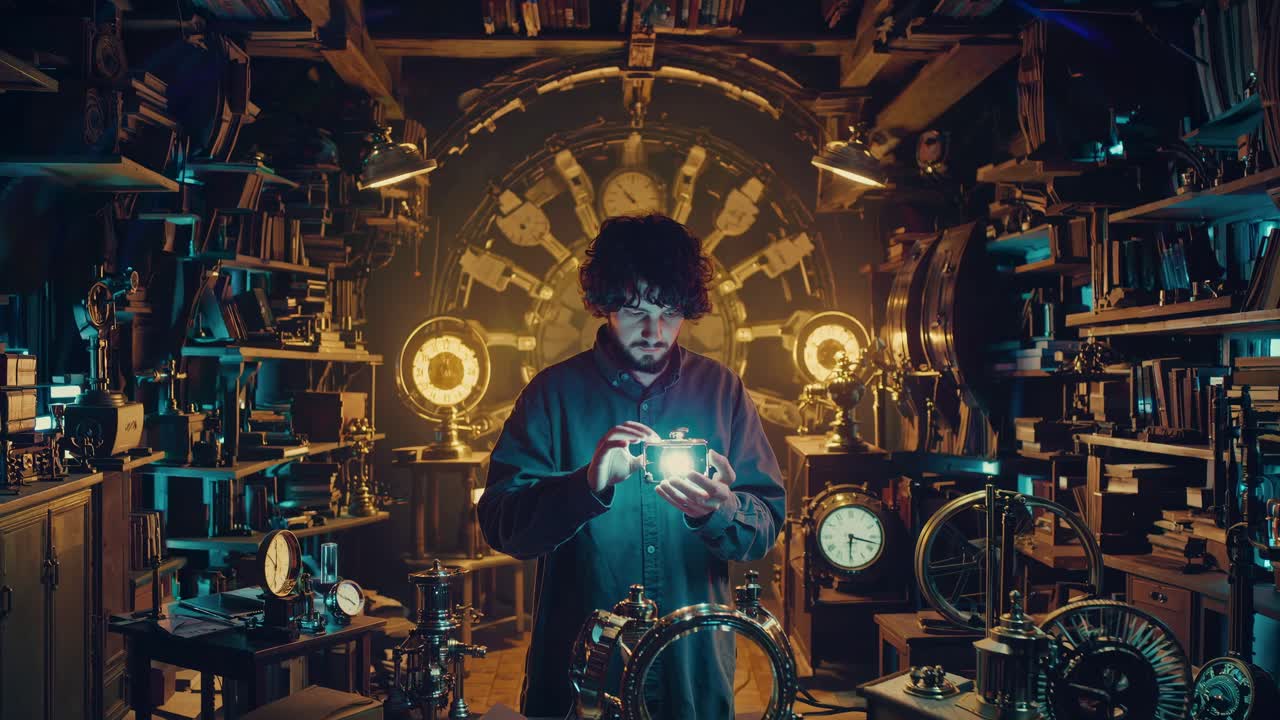 A steampunk-themed video scene with a man examining a glowing object