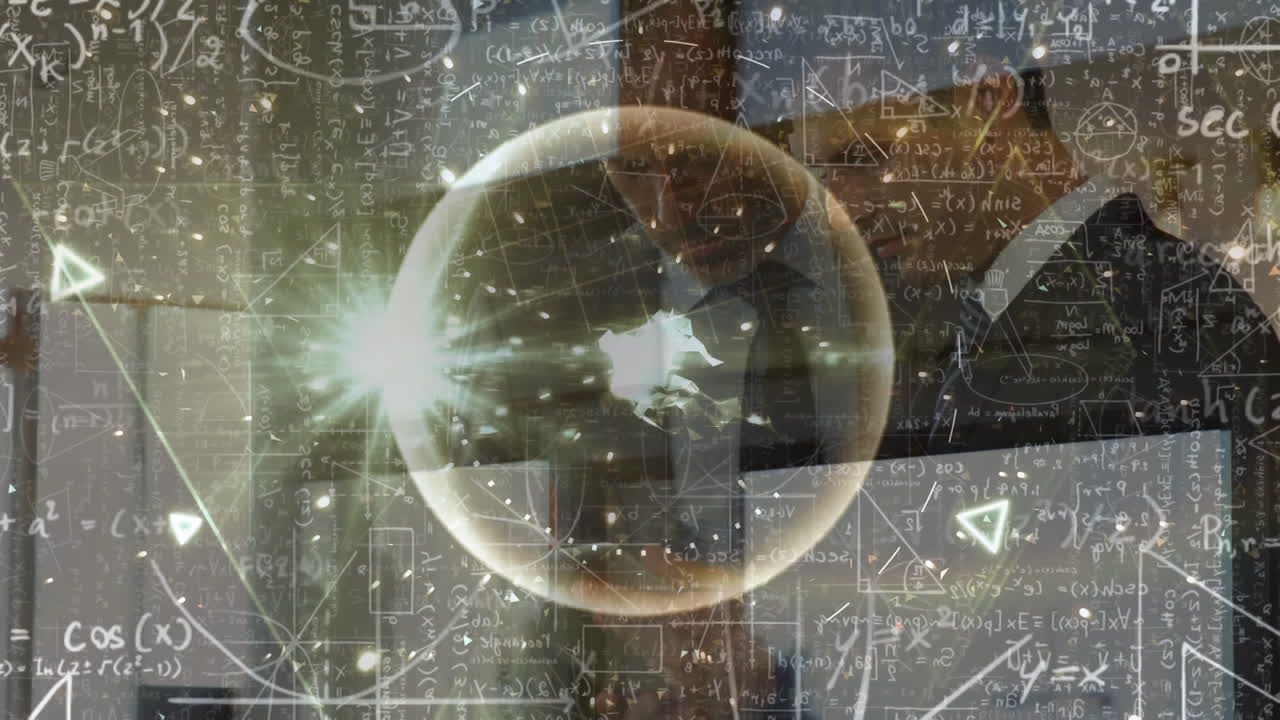 수학 계산의 애니메이션, 원형 범위와 스타버스트가 토론하는 사업가들 위로 움직입니다.