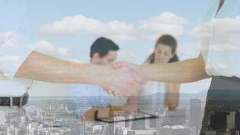 animación del apretón de manos empresarial y el paisaje urbano