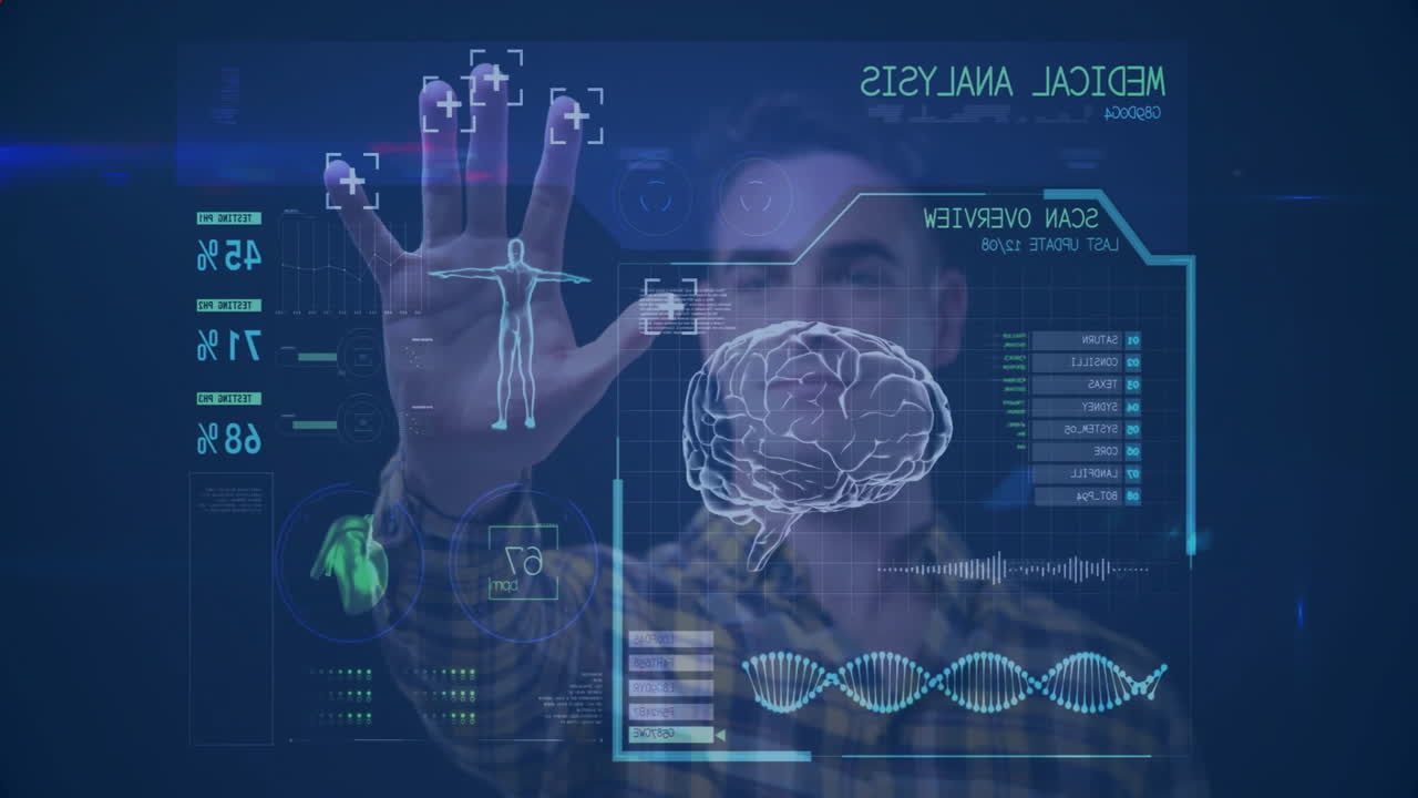 Interacting with animation, man viewing futuristic medical analysis of brain and DNA data