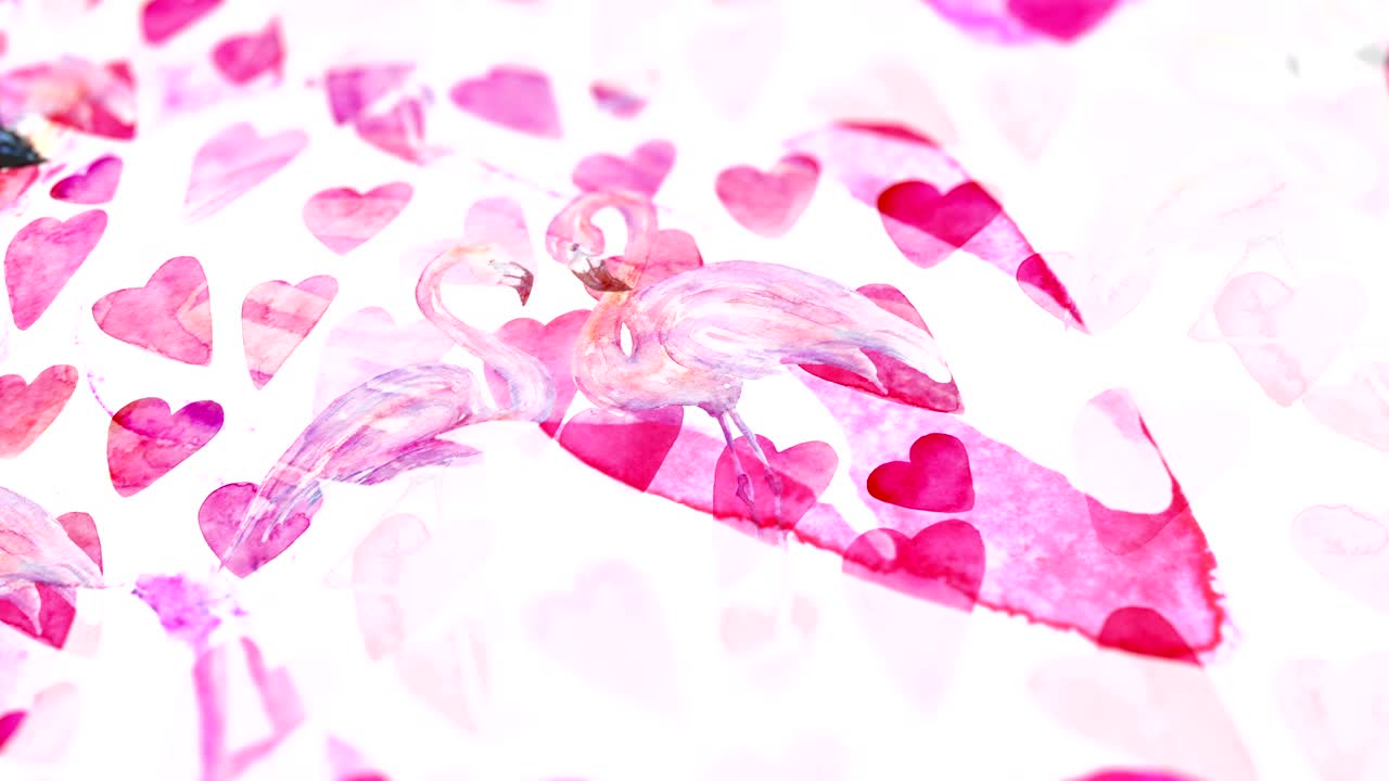 손으로 그린 수채화 플라밍고와 심장을 가진 추상적인 배경.