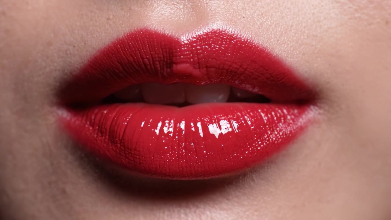 Close-up de Lábios Vermelhos Brilhantes Exibindo Cor Rica, Textura Suave e Formato Perfeito, Enfatizando Beleza e Elegância em Técnicas de Maquiagem Labial