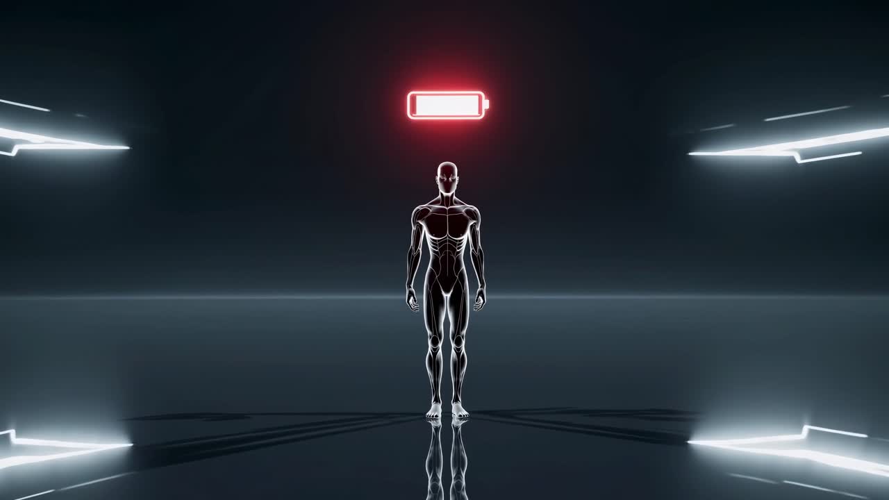 Silhouetted human form visualizing battery depletion and recharging within dark neon illuminated technological space, symbolizing wellness and performance regeneration