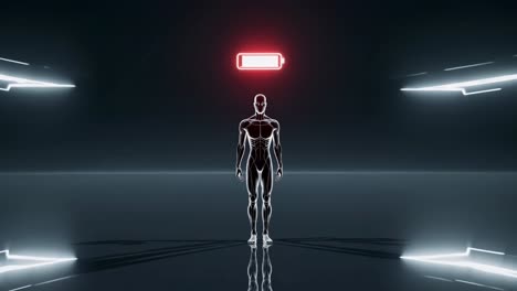 silhouetted human form visualizing battery depletion and recharging within dark neon illuminated technological space, symbolizing wellness and performance regeneration