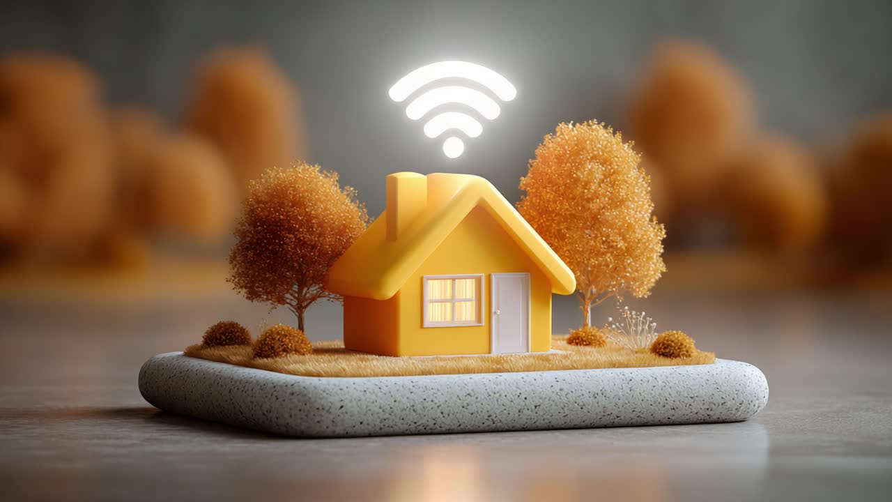 A Vibrant Yellow Home Model Surrounded by Autumn Trees and WiFi Symbol, Illustrating the Concept of Smart Living in a Connected World