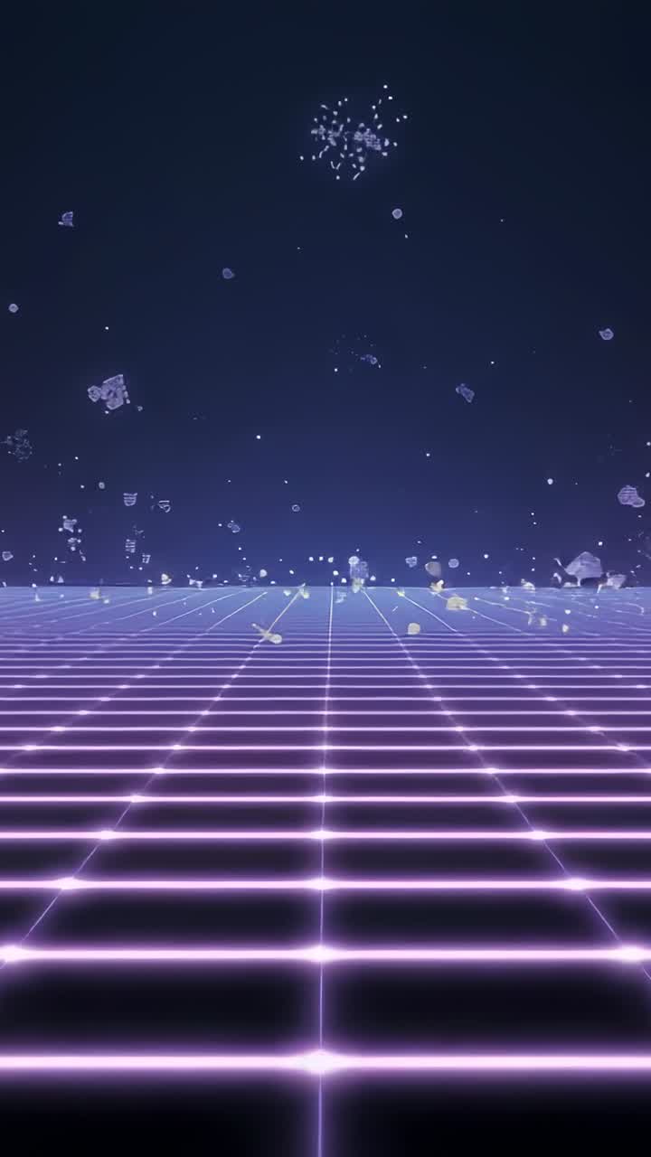 Video verticale: impulso ad anello che guida una griglia al neon pulsante verso l'orizzonte con frammenti nella griglia synthwave