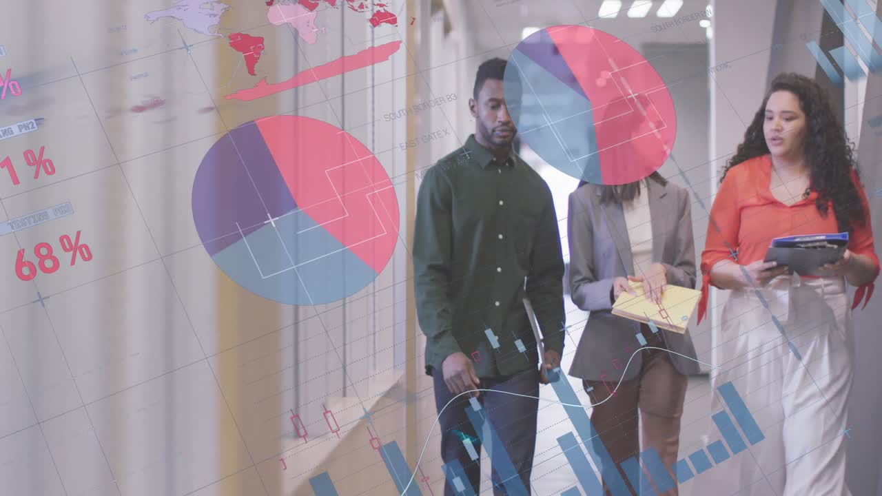 Animation of data processing over diverse colleagues talking in office corridor