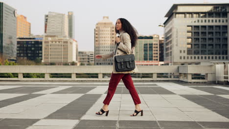city, walking and business with woman