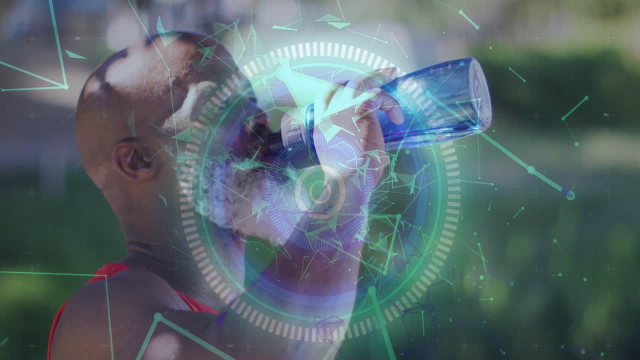 animación de enfoque y formas geométricas sobre el ajuste afroamericano hombre mayor agua potable