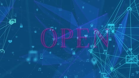 animation of open text with statistics over network of connections and icons