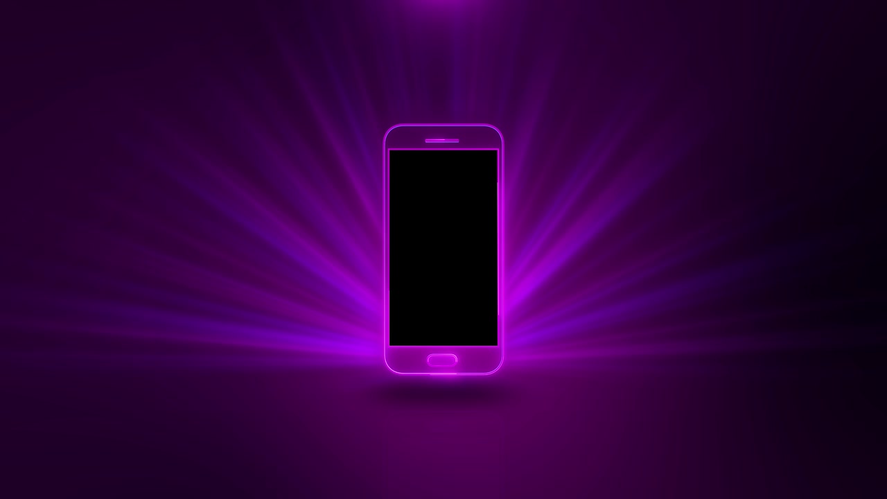 Sfondo luce smartphone neon viola cornice mobile luminosa area display nera raggi radiosi scuri