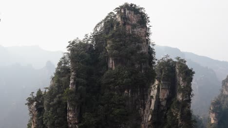 tilt-up view of a towering sandstone formation in zhangjiajie, china, with lush trees clinging to its steep cliffs.