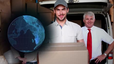 animation of globe of connections over delivery man with cardboard box