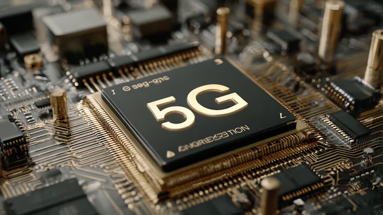 Esplorando le complessità della tecnologia moderna: una vista ravvicinata di un microprocessore 5G su un circuito stampato, che mette in mostra le capacità avanzate delle telecomunicazioni