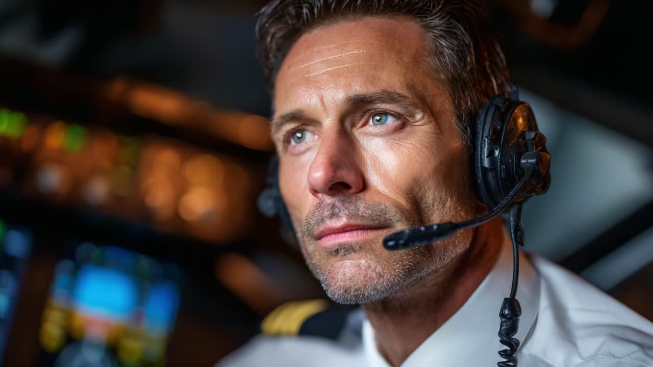 Focused Aviator in Cockpit: A Close-Up of a Professional Pilot with Headset, Engaged in Flight Operations, Capturing the Essence of Aviation Leadership and Skill