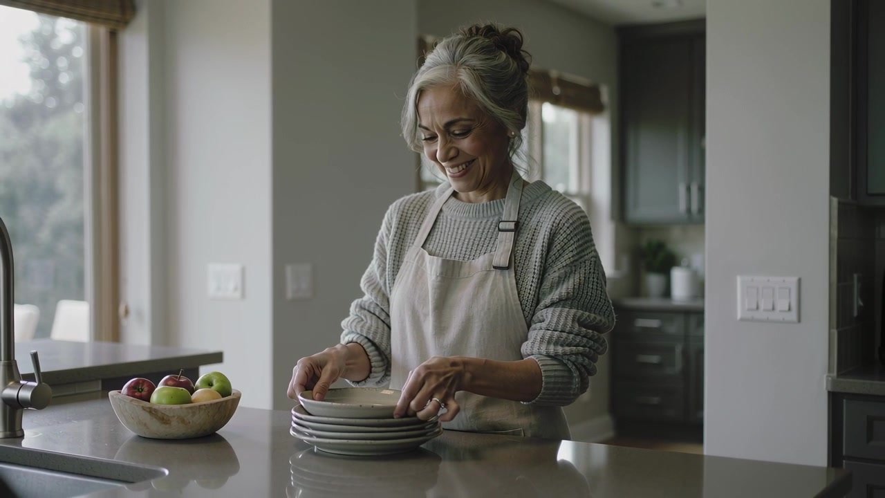 Placing shallow bowl on stacked plates, woman in gray sweater and apron arranging at kitchen island