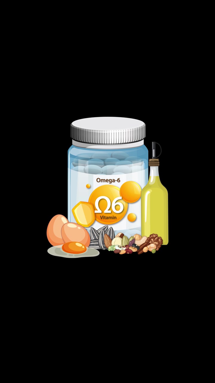 Omega-6 vitamin bottle with eggs, nuts, seeds, and oil appearing, on a black background