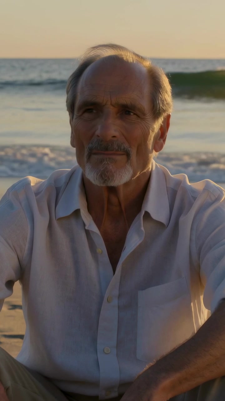Vídeo vertical: Homem sentado observando o mar ao pôr do sol na praia enquanto a câmera se aproxima, mostrando a camisa