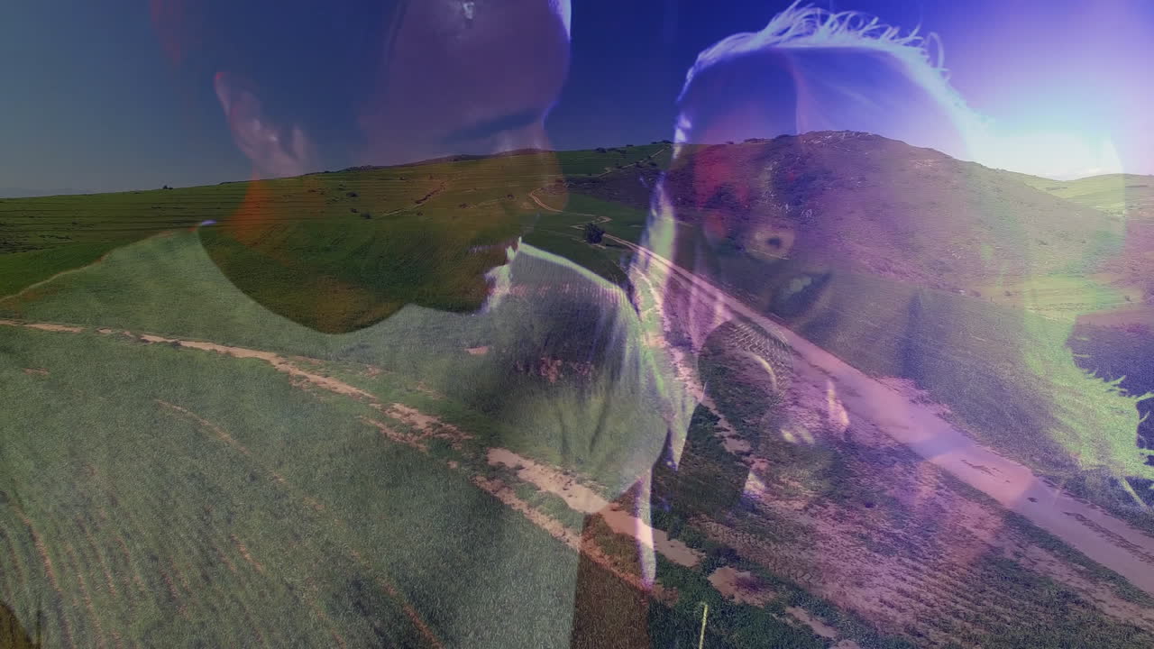 woman and man gazing at each other in rural farmland, highlighting health with heart icon floating