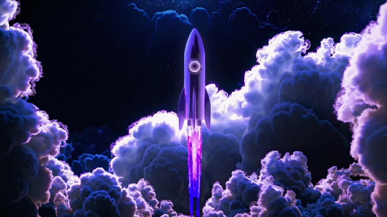 A neon rocket launches into a starry sky, viewed from a low angle