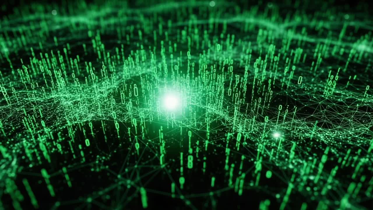 A Captivating Glimpse into the Digital Universe: Intricate Patterns of Green Binary Data Floating in a Darkened Cyber Landscape