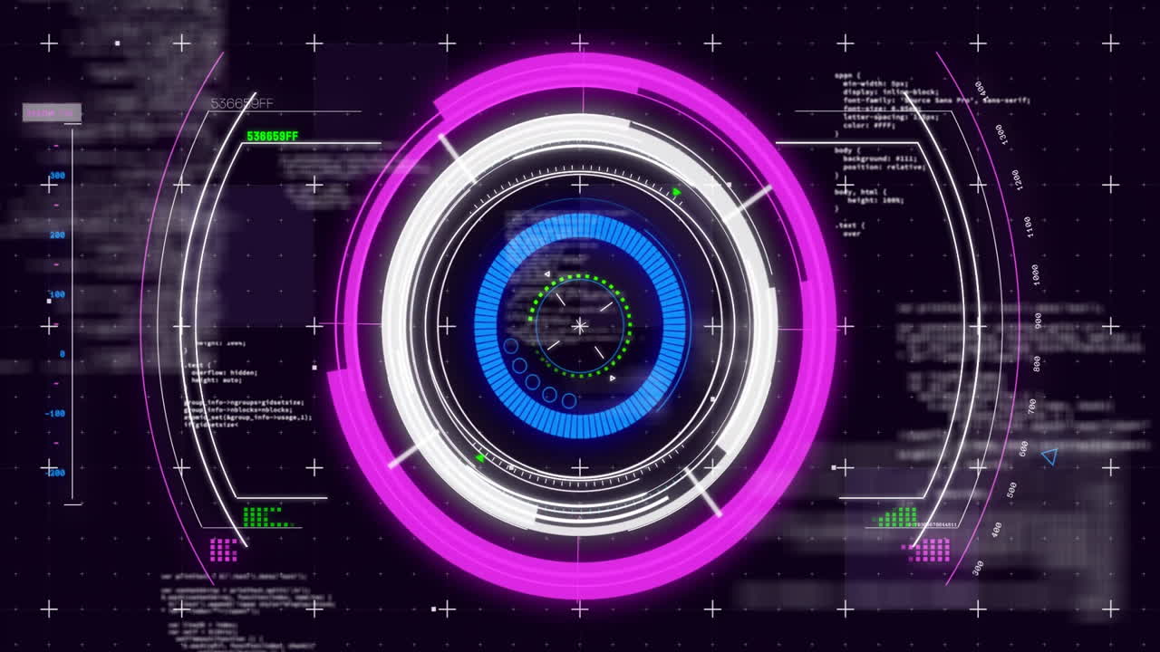 Animation of futuristic digital interface processing data with circular patterns