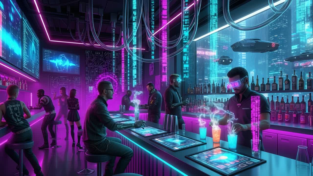 In a futuristic bar lit with neon lights, patrons interact with advanced technology while enjoying high-tech drinks, blending cyber aesthetics with a lively nightlife atmosphere