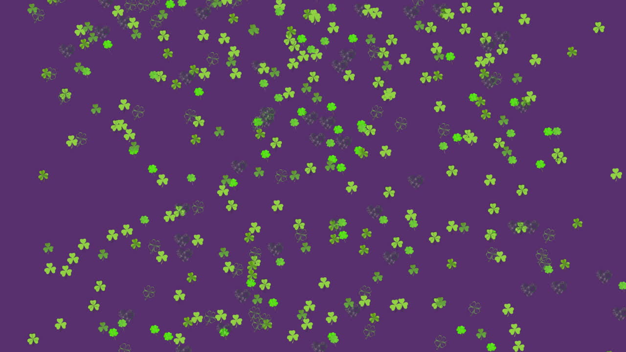 animación de tréboles cayendo sobre un fondo púrpura