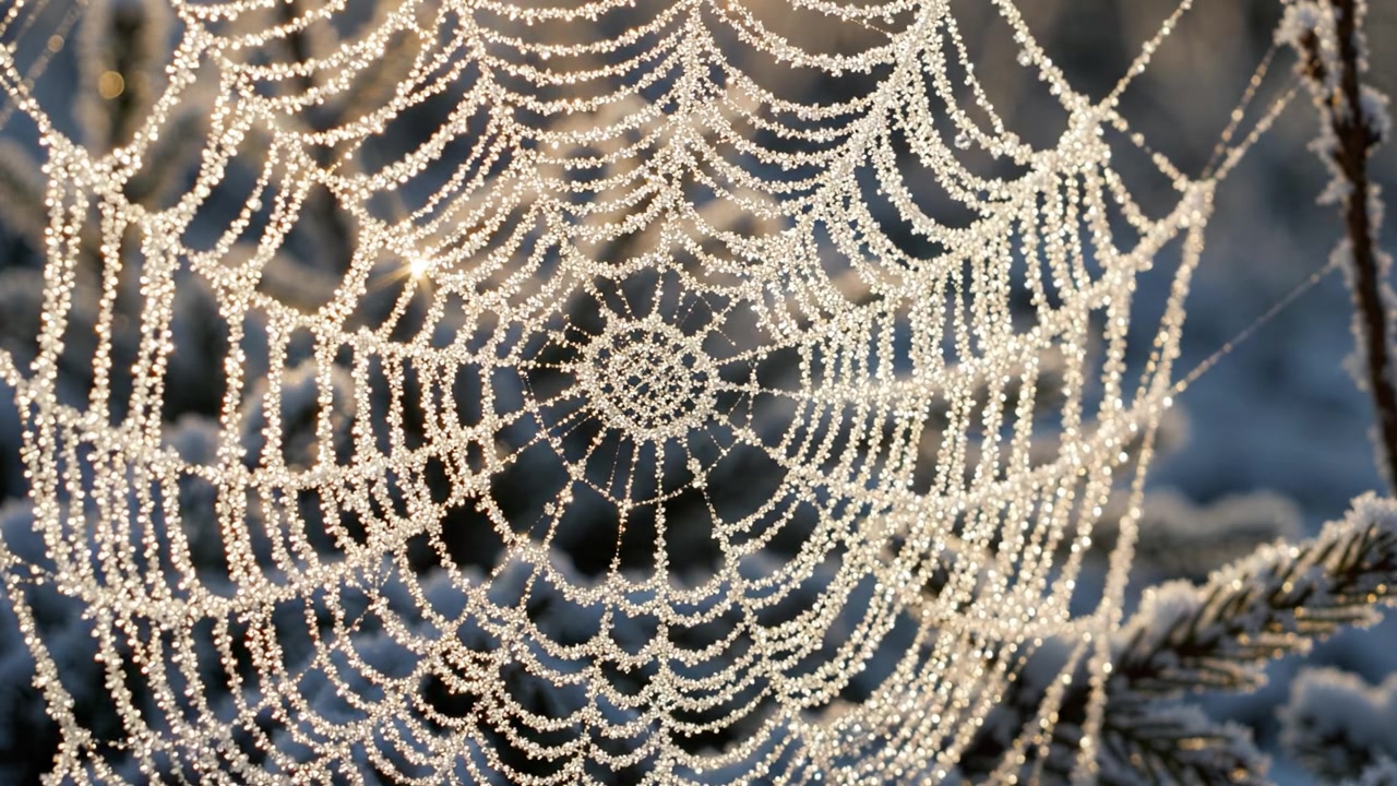 Un primo piano affascinante di una ragnatela brinata che luccica alla luce del mattino, mostrando i motivi intricati della natura e la bellezza delle gocce di rugiada.