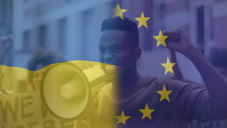 animation of flag of ukraine and european union over african american male protester