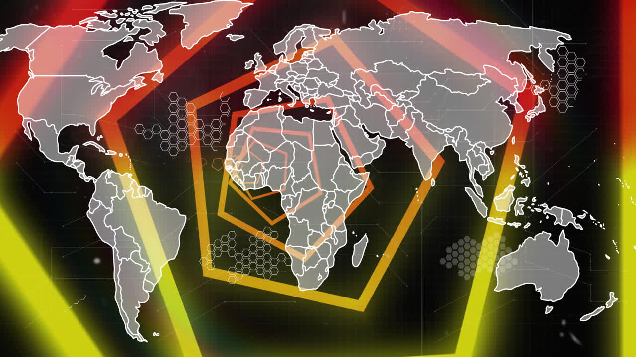 검은색 배경에 네온 모양 위에 세계 지도의 애니메이션