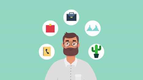 joven empresario con íconos del conjunto financiero