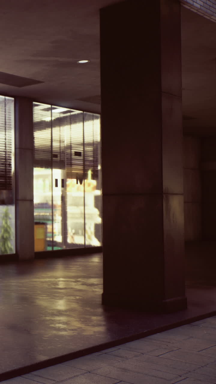 Entrada de edificio durante el día con ventanales de cristal y pilares de hormigón.