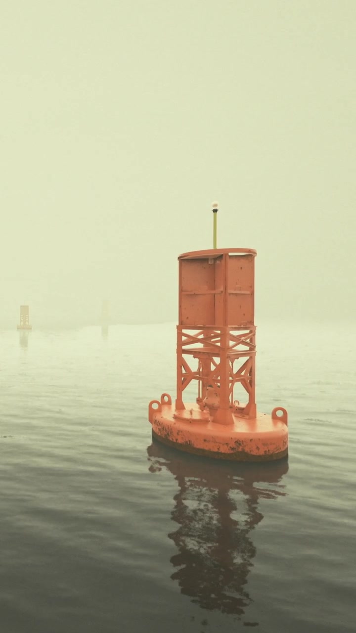 Buoy floats in water during foggy weather signaling a waterway
