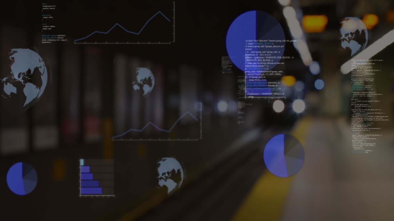 Animation of data processing and spinning globe against blurred view of train arriving at a station