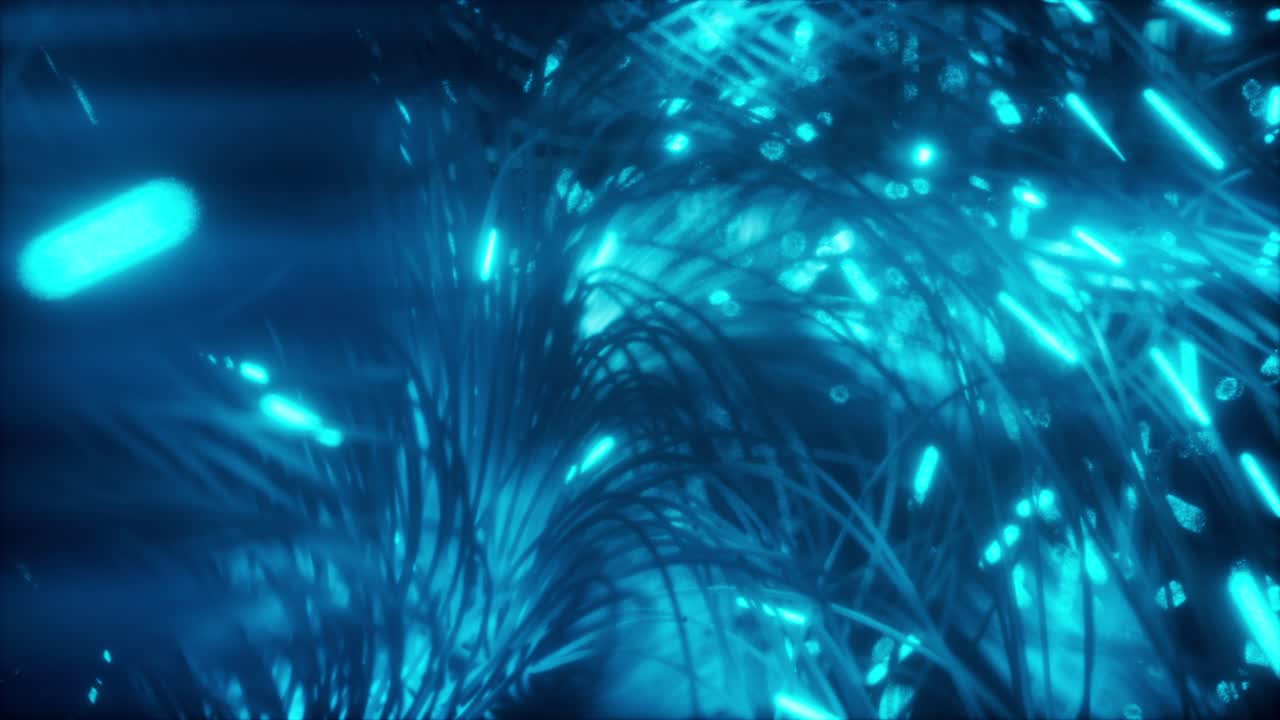 추상적인 빛나는 파란색 선과 입자