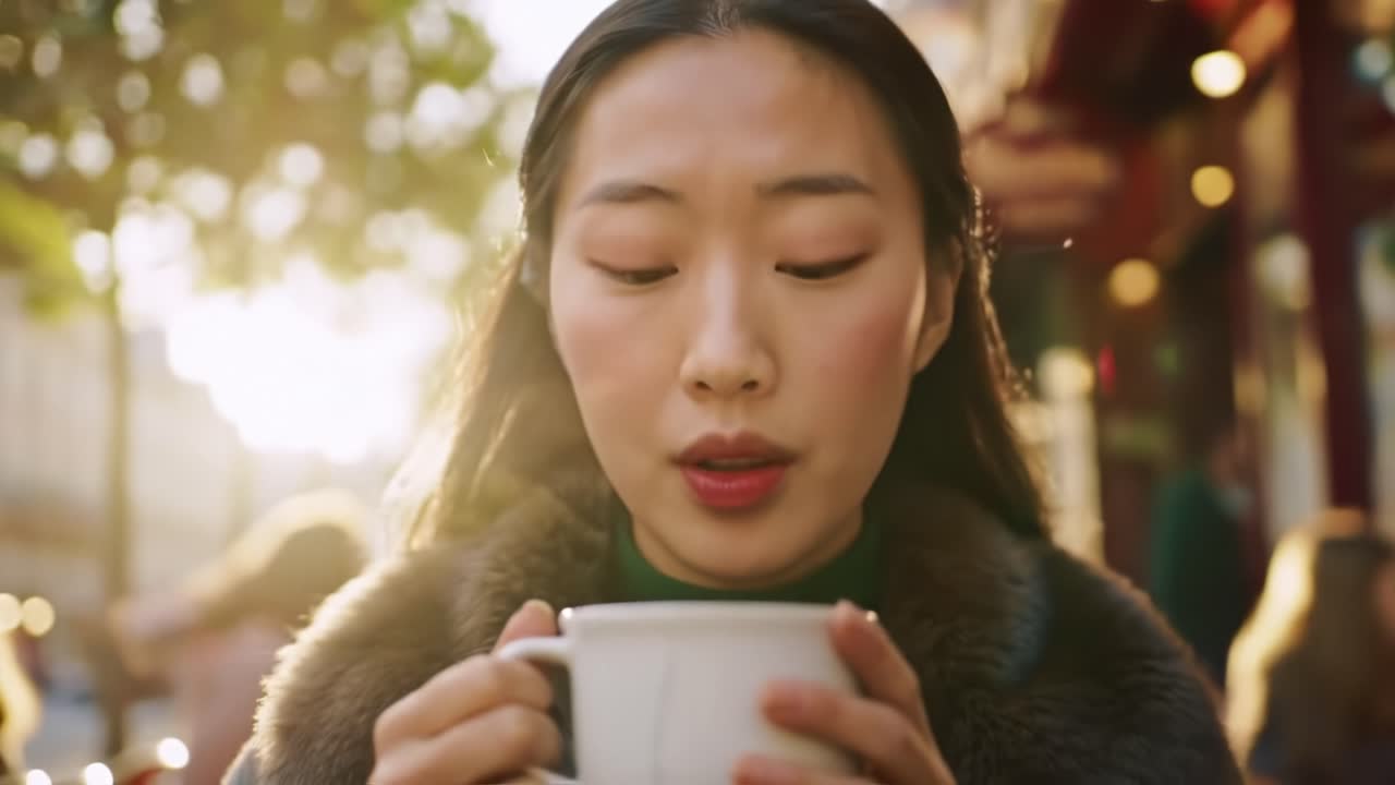 A Serene Moment: Woman Enjoys a Warm Beverage Outdoors, Bathed in Golden Light, Evoking a Sense of Calm and Contentment in a Vibrant Urban Setting