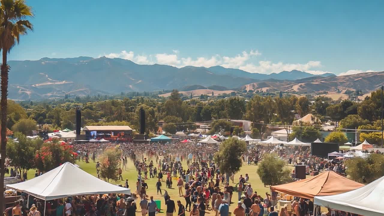 Large Outdoor Festival with a Stage and Crowds Against a Mountain Backdrop