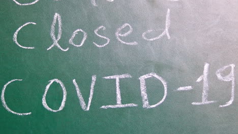 school closed due to coronavirus notice on the green board written with chalk at the school