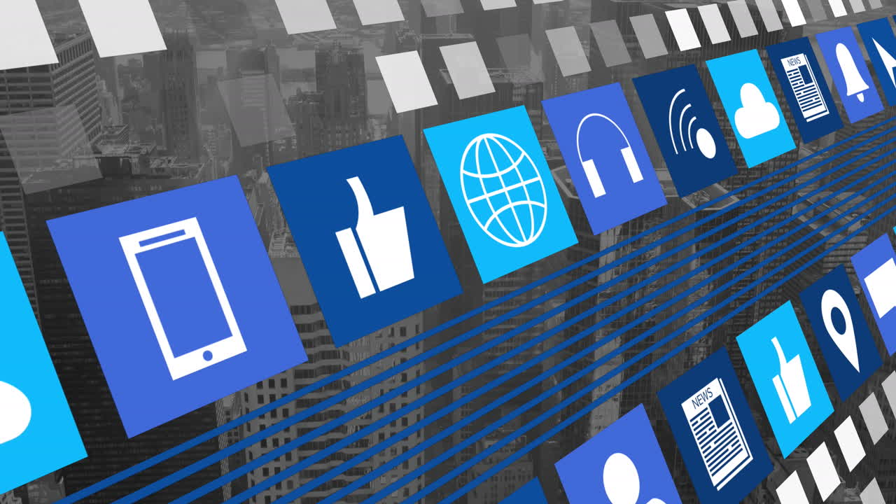 도시 풍경 위의 데이터 처리 및 아이콘의 애니메이션